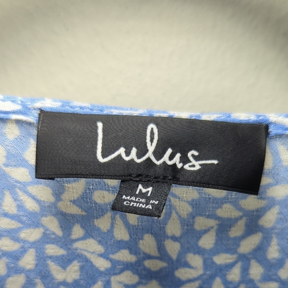 Lulu's White + Blue Floral Wrap Dress Midi Prairie Cottage Women's Size Medium - Picture 2 of 6